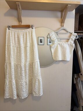 White Lace Tiered Midi Skirt and top Set